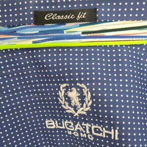 NWOT Bugatchi UOMO Button Up Long Shirt Flip Cuff  Blue Modern Stripe Men L